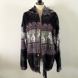 Vintage wool Peru hooded cardigan sweater coat unisex boho jacket indie aztec